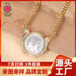 s925纯银罗马古希腊做旧双面门神雅努斯古币项链高级复古个性批发