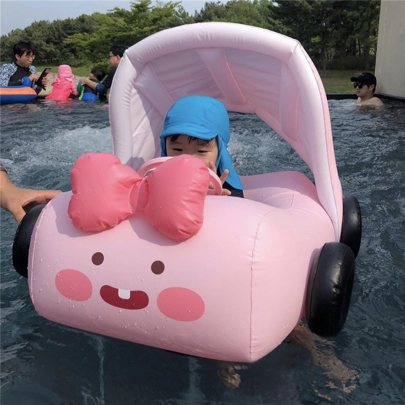 新款韩国ins带遮阳蓬座圈游泳圈儿童男女童加厚卡通方向盘1-5岁