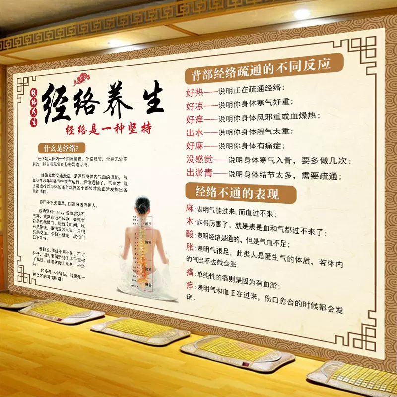 经络不通於堵壁纸中医养生馆墙纸理疗馆美容院壁画经络养生壁布