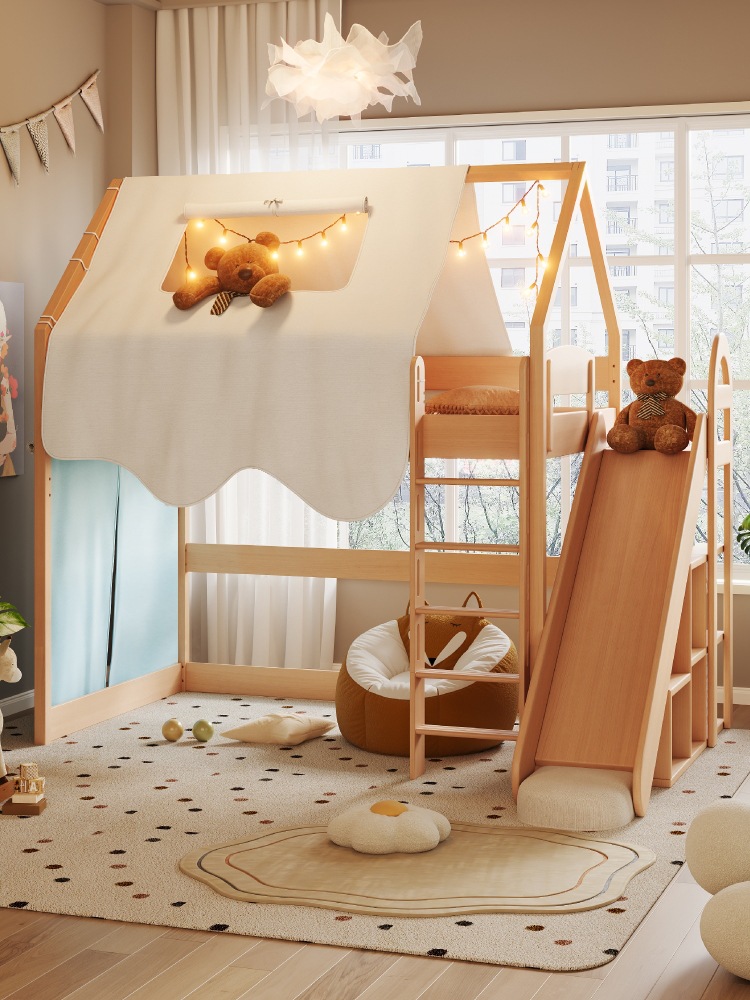 Teenager and Tree Solid Wood Beech Kidsren's Half-Height Bed Boy and Girl Tree House Bed Flying House Wooden House Castle Slide Bed