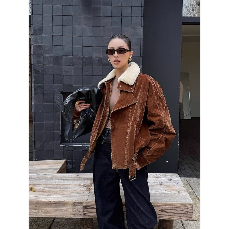 Korean-Style High-End Retro Coffee-Colored Denim Jacket with Lamb Wool Collar, Loose-Fitting Warm Padded Jacket for Women