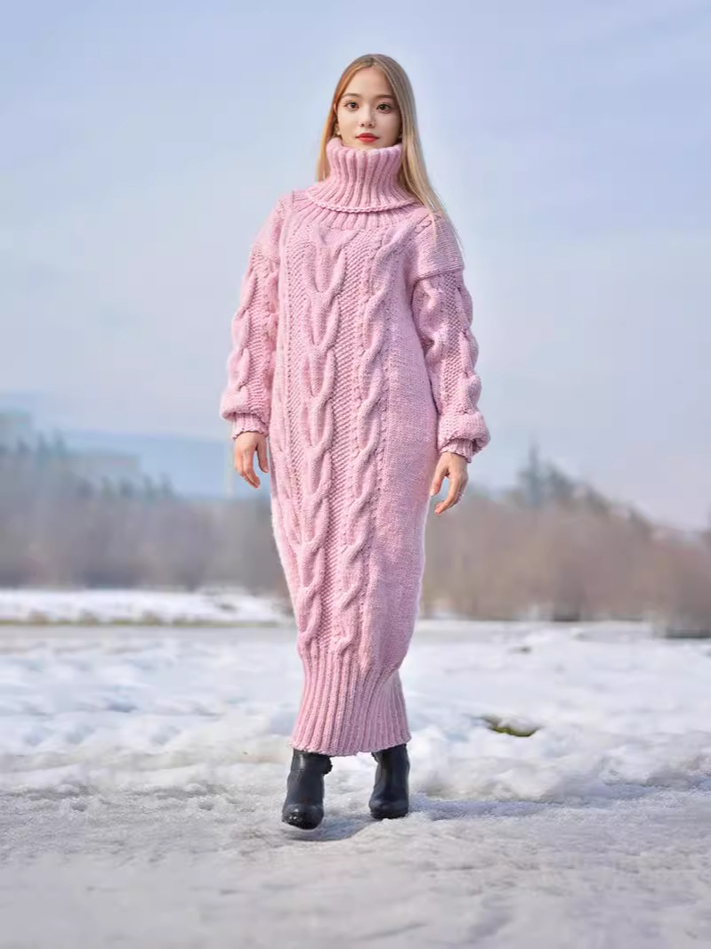 Transfronterizo europeo y americano otoño e invierno nuevo color sólido jersey de cuello alto retorcido suéter de punto suelto temperamento suéter vestido de viajero
