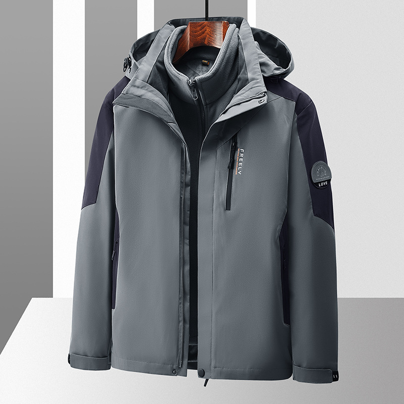 Outdoor jacket for men, three-in-one detachable autumn and winter cycling windproof and waterproof jacket, trendy ski jacket for women