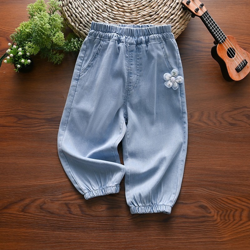 Girls' Summer Thin Ice Silk Jeans, Stylish Loose Lantern Pants for Young Children, Mosquito-Proof Pants for Summer