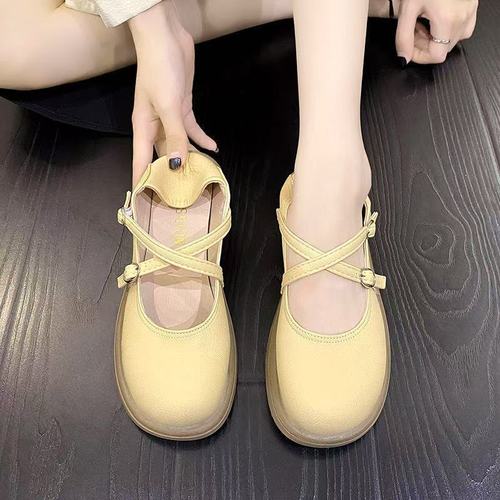 Women's scented shallow mouth small leather shoes with delicate bottom Mary Jane bean thick comfortable summer single shoes with cross straps