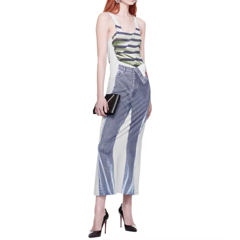 2025 New Foreign Trade European and American Style Dress Striped Tank Top Jeans 3D Digital Print Women's Dress