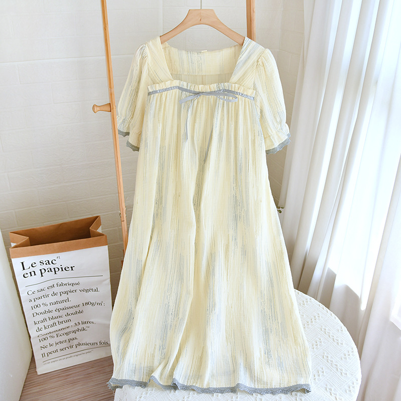 Summer New Square Collar Short-sleeved Nightgown Crepe Double-layer Yarn Cotton Loose Pregnant Women's Home Clothes Nightgown Bathrobe for Hair