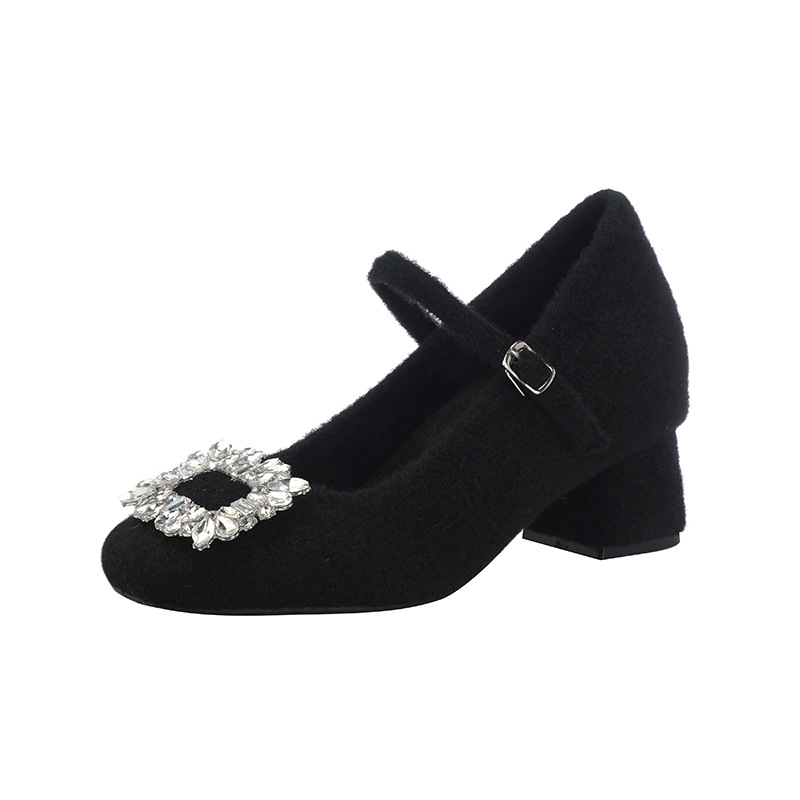 2026 nuevos zapatos franceses de tacón ultra-alto de mujer con botón cuadrado de diamante de terciero zapatos de cabeza cuadrada zapatos de mujer de tacón grueso tamaño pequeño 33