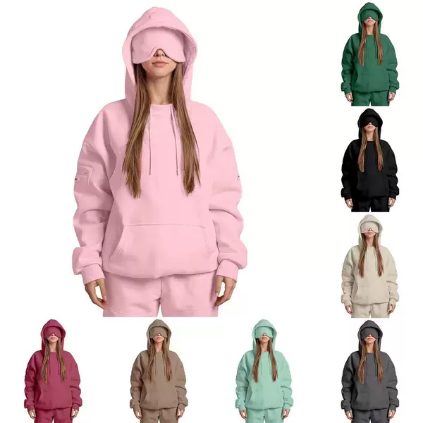 2026 Amazon European and American Autumn and Winter New Style Hoodie with Built-In Eye Mask, Solid Color Pullover Long-Sleeve Sweatshirt Warm Set
