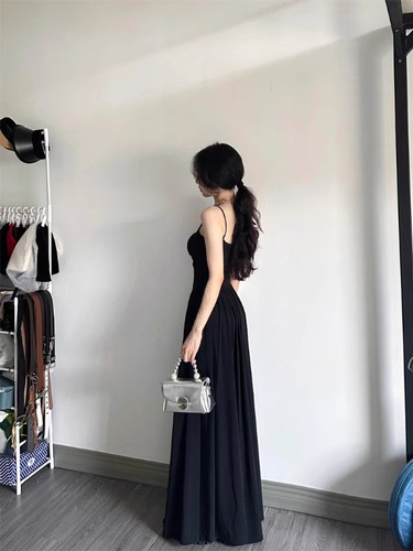 Elegant Black Strap Dress for Women - Summer French Hepburn Gentle Style Beach Vacation - Very Stylish Long Dress
