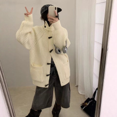 秋冬新款女装高领牛角扣针织开衫女韩版慵懒风宽松中长款毛衣外套