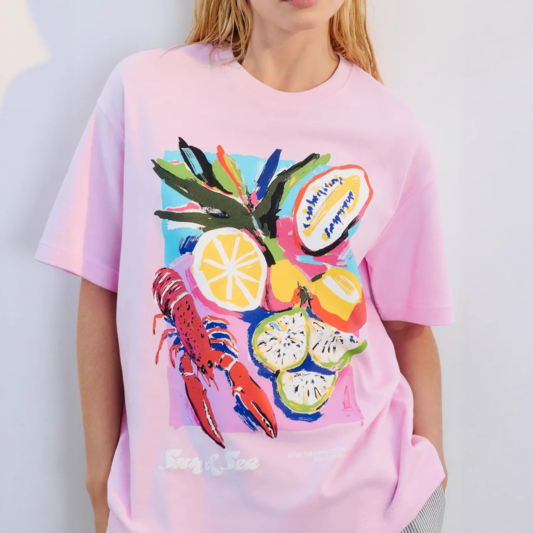 Fashionable Dopamine Print 2025 Summer 100% Cotton Short Sleeve T-Shirt Lazy Style Versatile Top