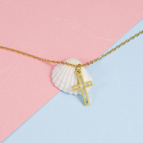 Cross-border best-selling European and American personalized fashionable lockchain with polished stainless steel hollow cross pendant simple necklace