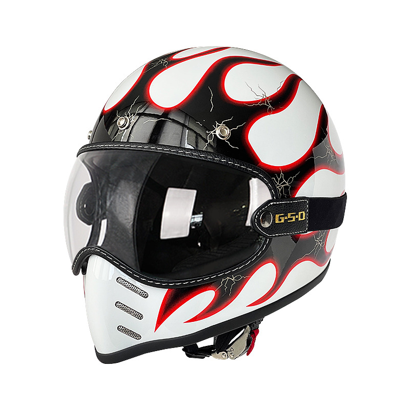 Fiberglass Retro Motorcycle, Motuoche Motosiklet kaskı (dəbilqə) - white-with-red-flames-transparent-visor-m55-56