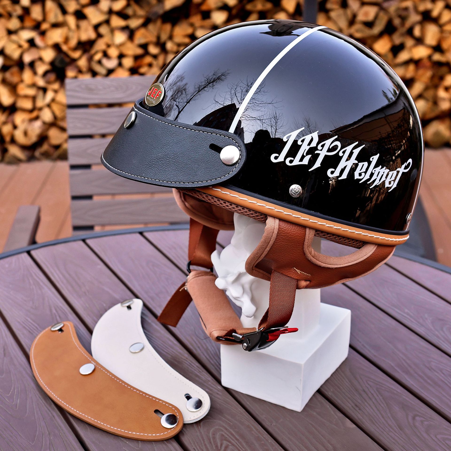 Retro Helmet Leather Brim Decoration Three-Quarter Half Helmet Brim Accessories Adjustable Three-Button Small Helmet Body Universal