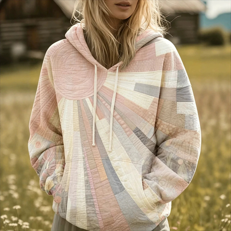 Women's Quilted Hooded Sweatshirt Vintage Sun Patchwork Geometric Print Drawstring Kangaroo Pocket Loose Casual Pullover Hoodie Women's Quilted Hooded Sweatshirt Vintage Sun Patchwork Geometric Print Drawstring Kangaroo Pocket Loose Casual Pullover Hoodie