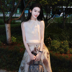 2025夏季贵气感千金重要场合独特绝美气质大方得体米杏色飘带套装