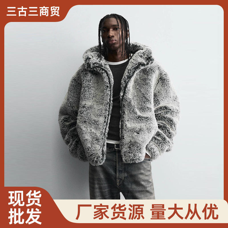2025 Winter New Men's Hooded Faux Fur Jacket Versatile Thick Plush Coat Wholesale