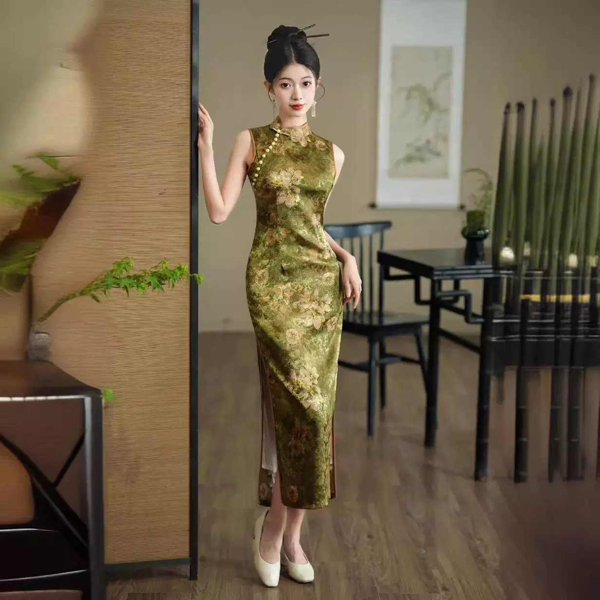 君迁子旗袍复古长款双层年轻款提花修身中国风连衣裙改良新款旗袍