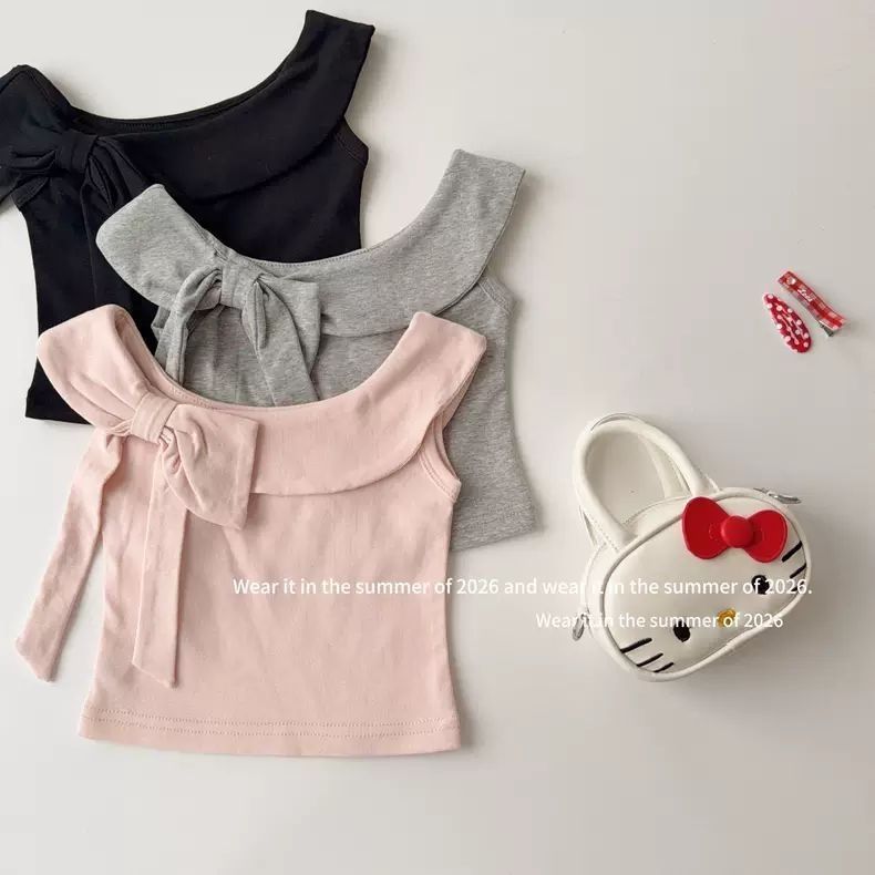 Girls' summer vest, stylish and trendy Korean style halter neck bow solid color short T-shirt top
