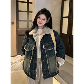 牛仔棉服外套女 新款韩版宽松设计感保暖加绒加厚毛毛棉衣