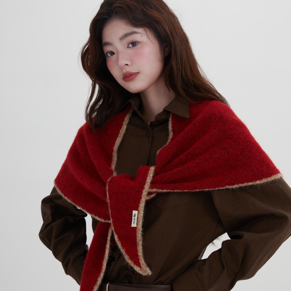 White Red Wool Triangle Scarf Shawl for Women Winter Temperament Knitted Concave Shape Waistcoat Warm Scarf Shawl Cross-Border