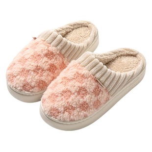 Men and women couple indoor and outdoor home wooden floor autumn and winter corduroy wool warm cotton slippers bag heel Plaid stitching