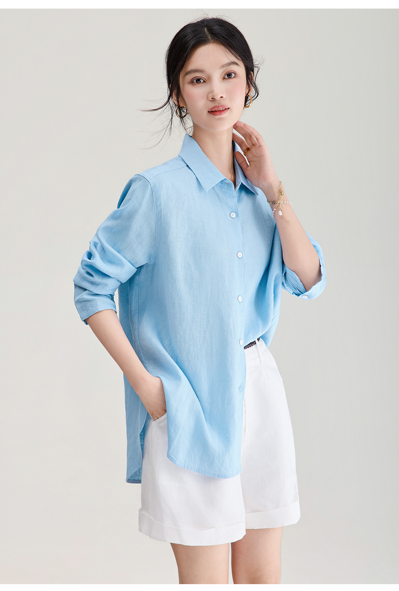 Áo sơ mi nữ linen chất lượng cao, phong cách cổ điển thư giãn, dáng rộng mùa hè — Đỏ Vermilion chi tiết 31