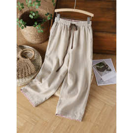 非实拍   棉麻直筒裤女松紧腰系带抽绳腰部拼色裤子女