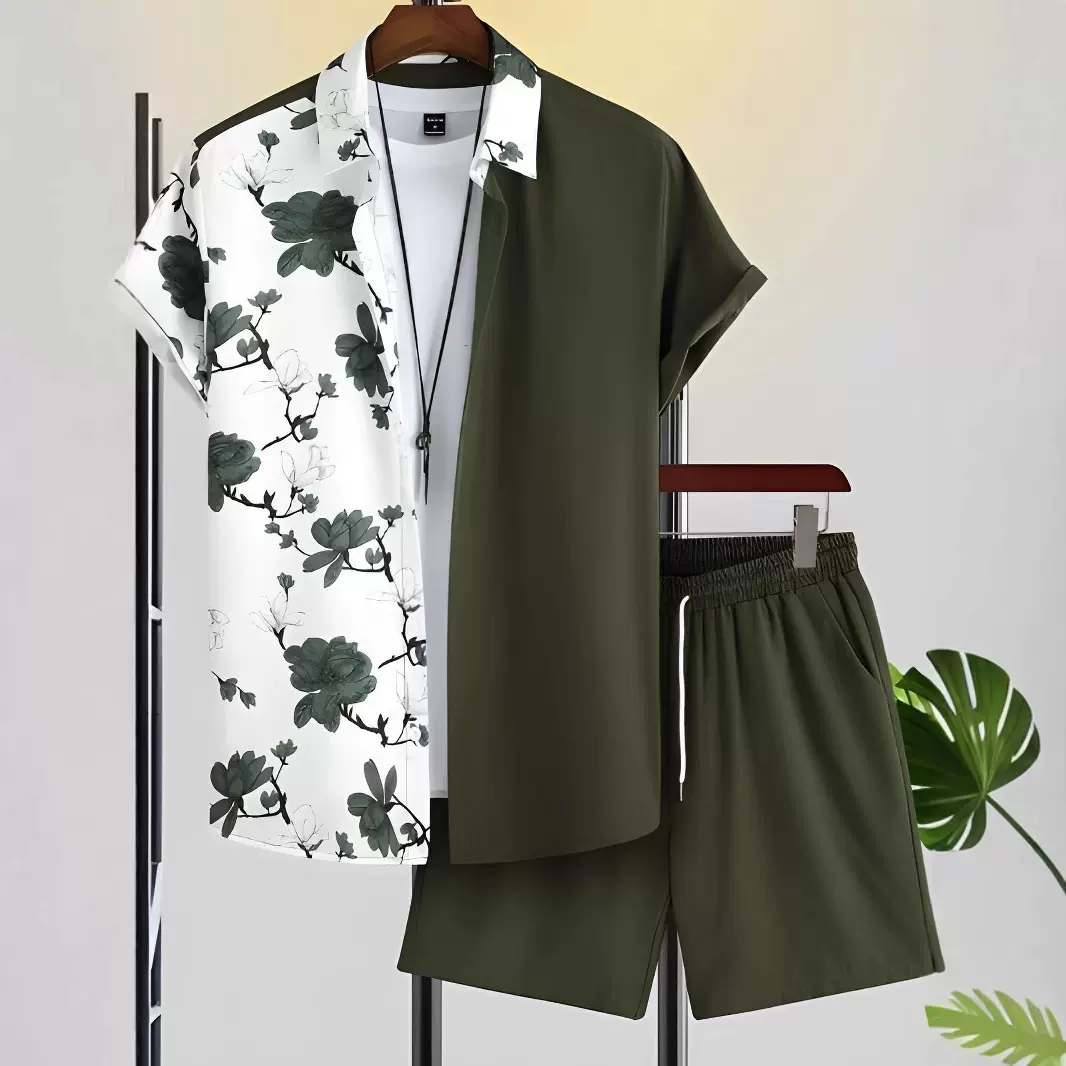 跨境tk美式印花男衬衫短袖套装休闲运动短裤两件套夏季服装批发