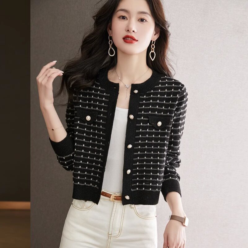 Chanel-style jacket for women, spring and autumn 2026 new model, petite autumn wear, knitted sweater, short cardigan, early autumn top Chanel-style jacket for women, spring and autumn 2026 new model, petite autumn wear, knitted sweater, short cardigan, early autumn top