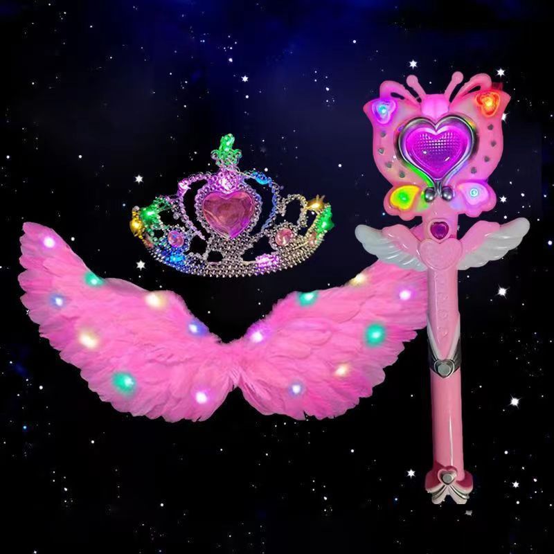Alas de plumas luminosas Rosa + Corona de luz + palo de mariposa