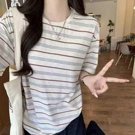 美式撞色条纹短袖t恤女夏季2025新款宽松设计感小众圆领休闲上衣