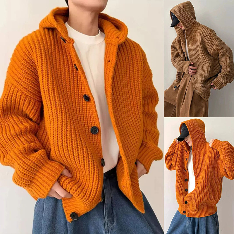Short hooded cardigan sweater for men and couples, orange, trendy, autumn and winter, cross-border factory wholesale Short hooded cardigan sweater for men and couples, orange, trendy, autumn and winter, cross-border factory wholesale