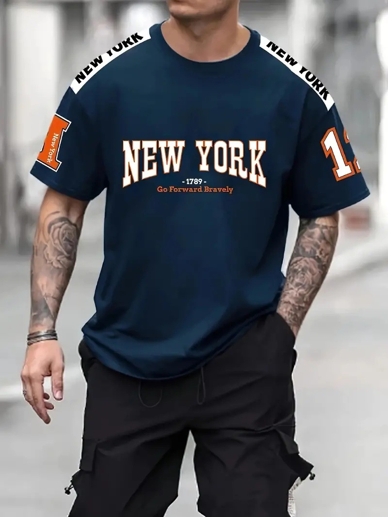2024 Venta caliente Nueva York Lema 3D impresión hombres calle alta malla suelta transpirable deportes de manga corta camiseta de cuello redondo