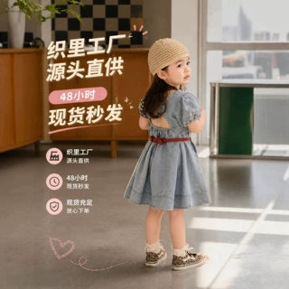 女童夏季新款韩版气质牛仔短袖连衣裙露背休闲公主长裙水洗复古裙