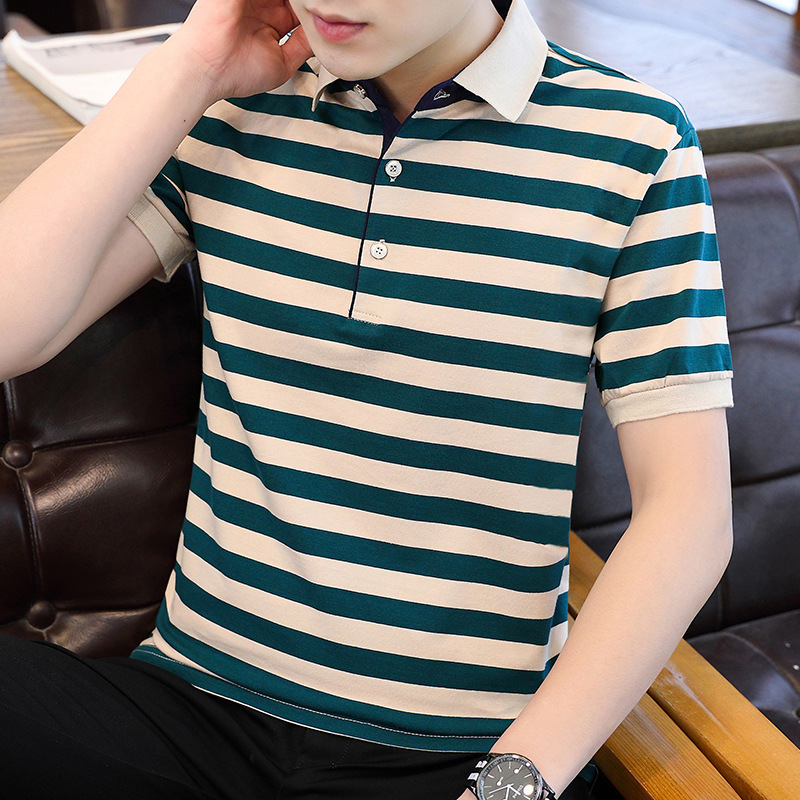 Summer New Men's Short-sleeved T-shirt Striped Cotton Thin Business Lapel Men's Polo Shirt