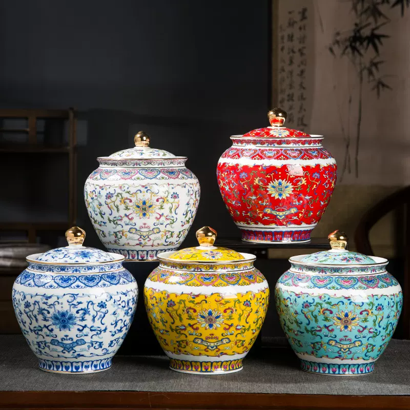 清早绿茶叶包装罐子景德镇陶瓷描金珐琅彩缠枝莲大口茶叶罐一斤装