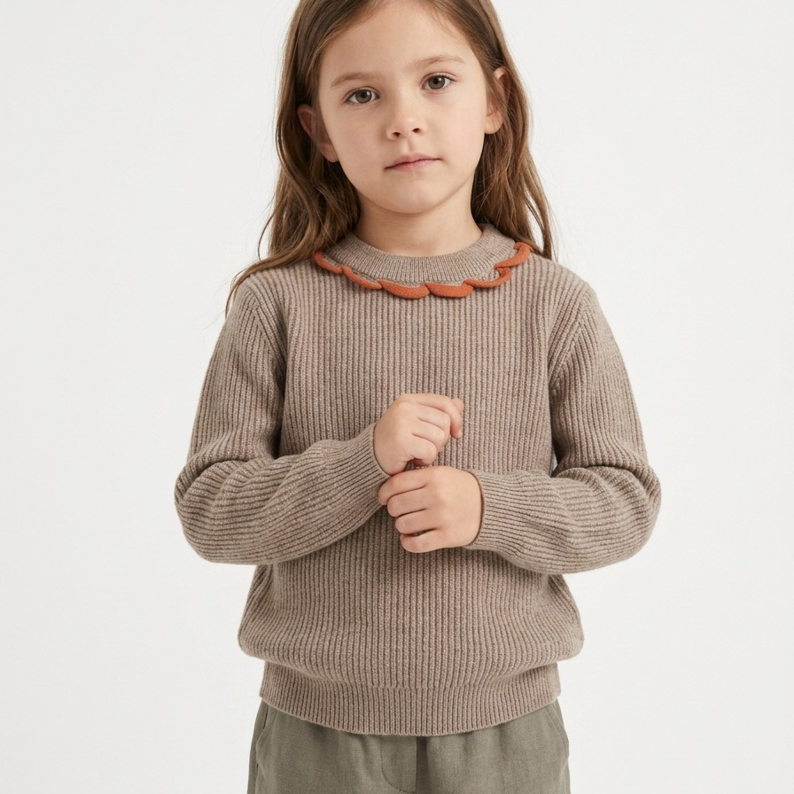 Girls' color-blocked ribbed sweater with wavy collar, thick knitted long-sleeved round neck base layer for autumn and winter.