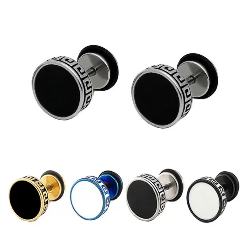 中性朋克风潮流个性不锈钢哑铃圆饼耳钉圆形拧螺纹耳钉朋克风
