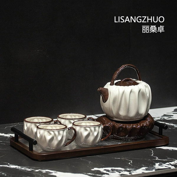 JTH Coffee Color Pleated 4 Cups + Pot with Base + HS Large Wooden Tray