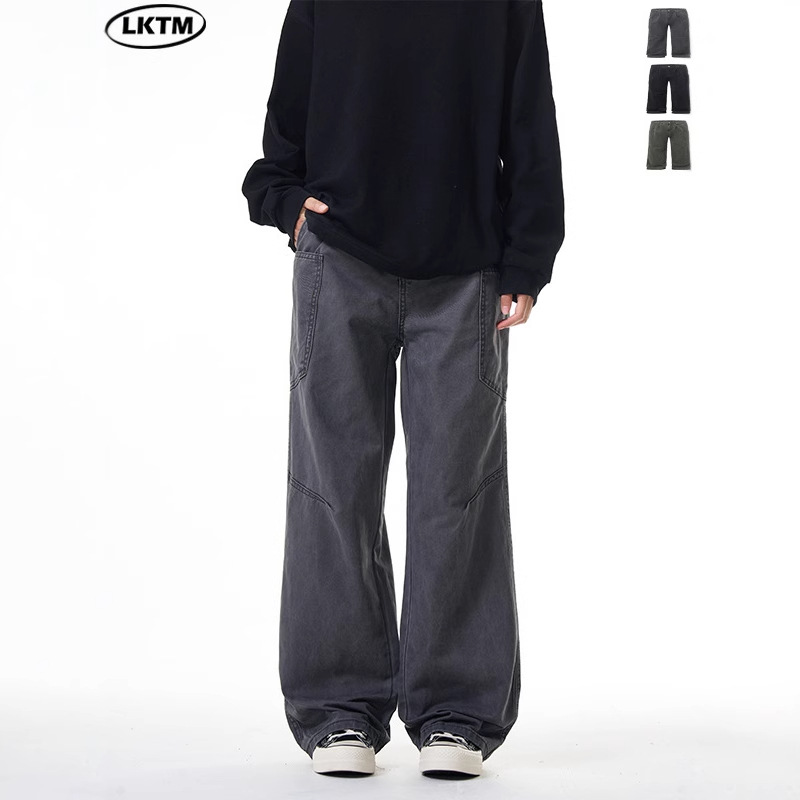 LKTM men's# gray overalls men's and women's loose American style high street cleanfit multi-pocket casual straight pants