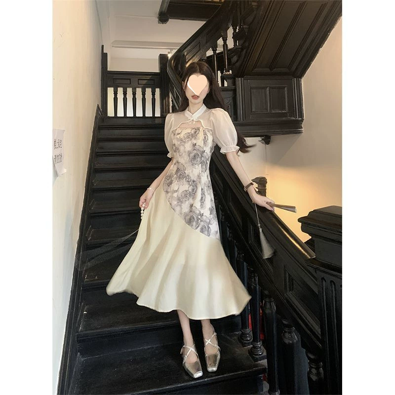 Новая летняя юбка 2025 года в китайском стиле с короткими рукавами и воротником-стойкой, новая утягивающая талию, средней длины, с цветочным принтом, сказочная юбка