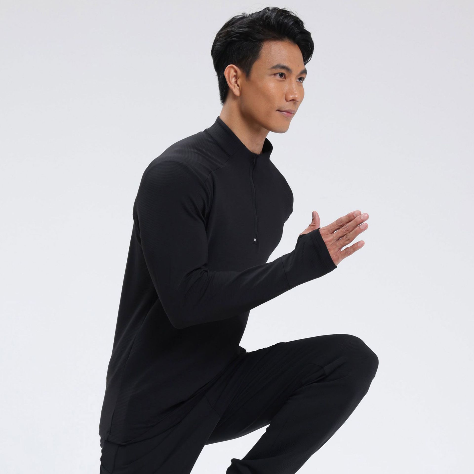 Textura de la mitad del collar deportivo de manga larga, cuello de pie, cuerpo delgado, entrenamiento de alta elasticidad, entrenamiento de base, ropa de secado rápido, camiseta para hombres