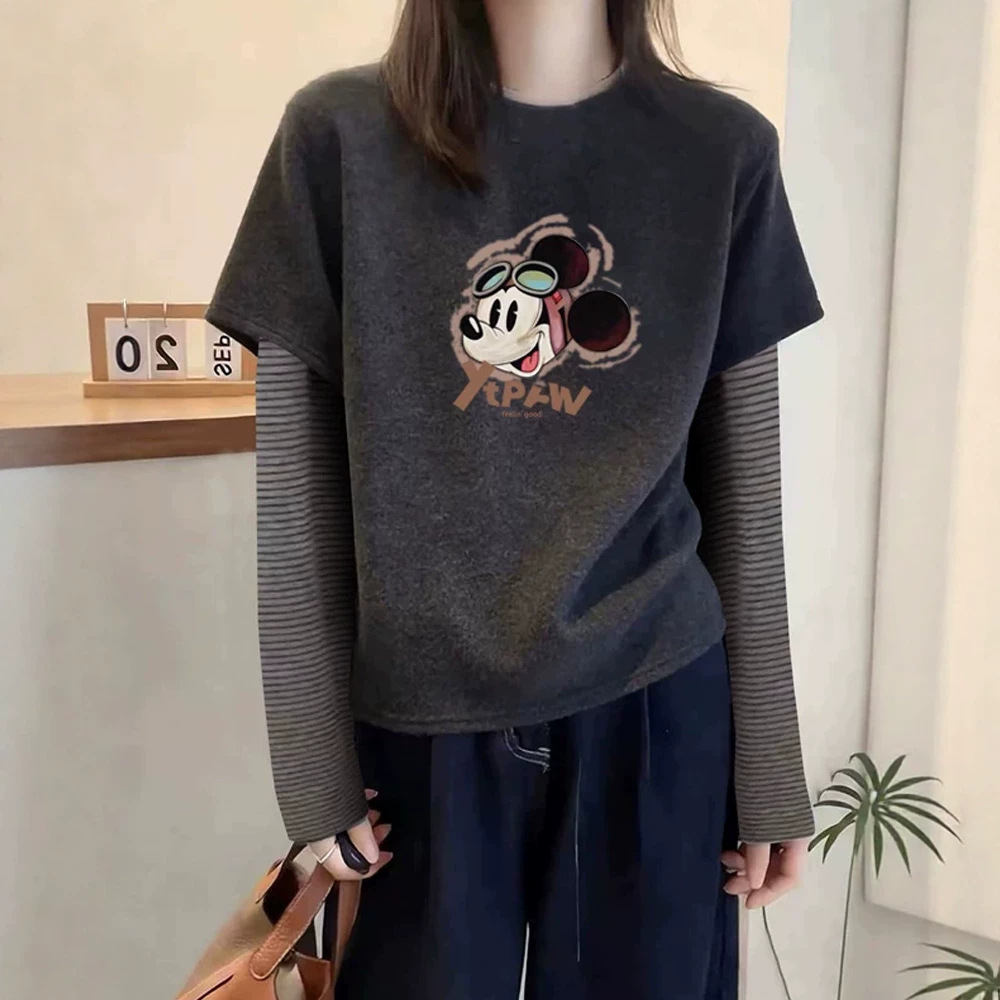 圆领正肩假两件长袖T恤女装春秋款卡通米奇印花美式条纹设计上衣