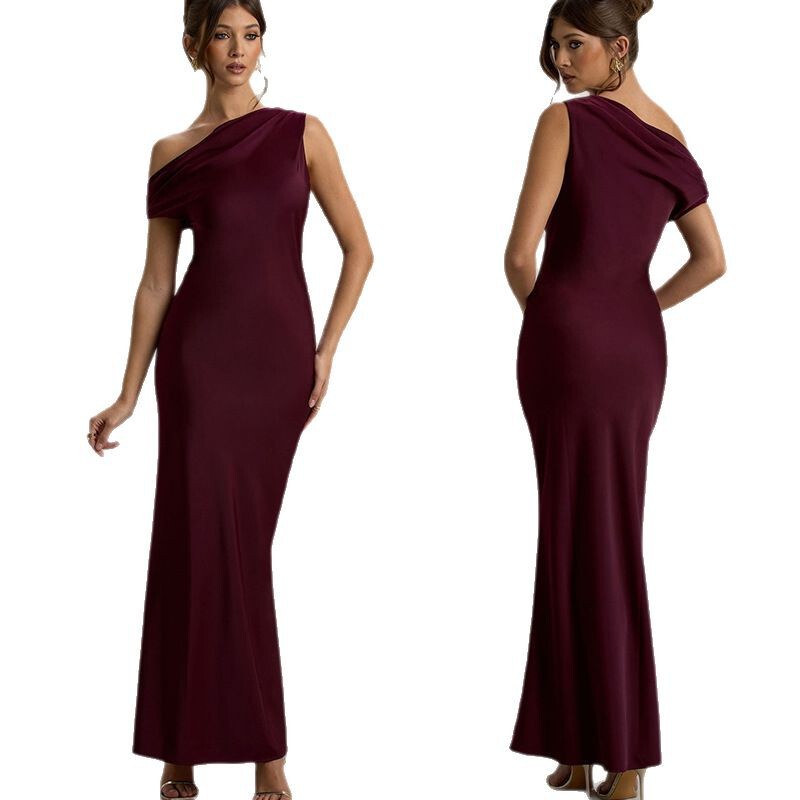 European and American Spring Cross-Border French Elegant Sleeveless Off-Shoulder High-End Tight Long Formal Party Dress