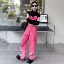 外贸潮酷儿童装女童渐变套装2024韩范中大童断袖阔腿裤两件套潮童