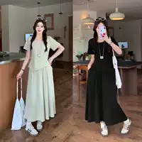 Летний комплект 2025 для женщин plus size: утягивающий топ с коротким рукавом + юбка-трапеция, повседневный двухсоставной набор