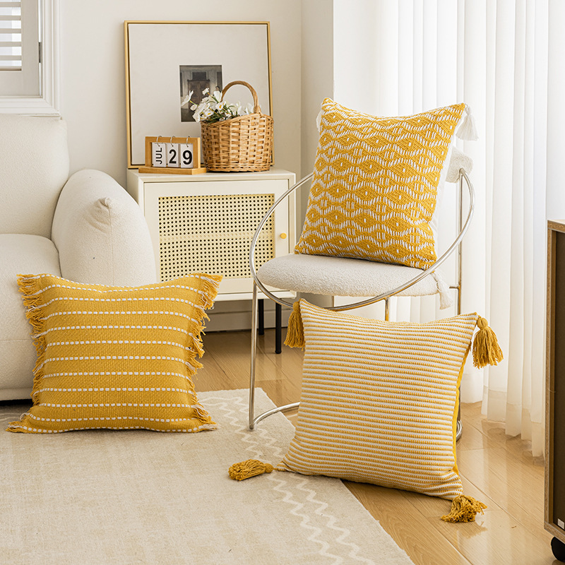 Pillow Ins Style Light Luxury Living Room Sofa Bedside Multi-use Yellow Series Family Car Striped Tassel Pillow Cushion