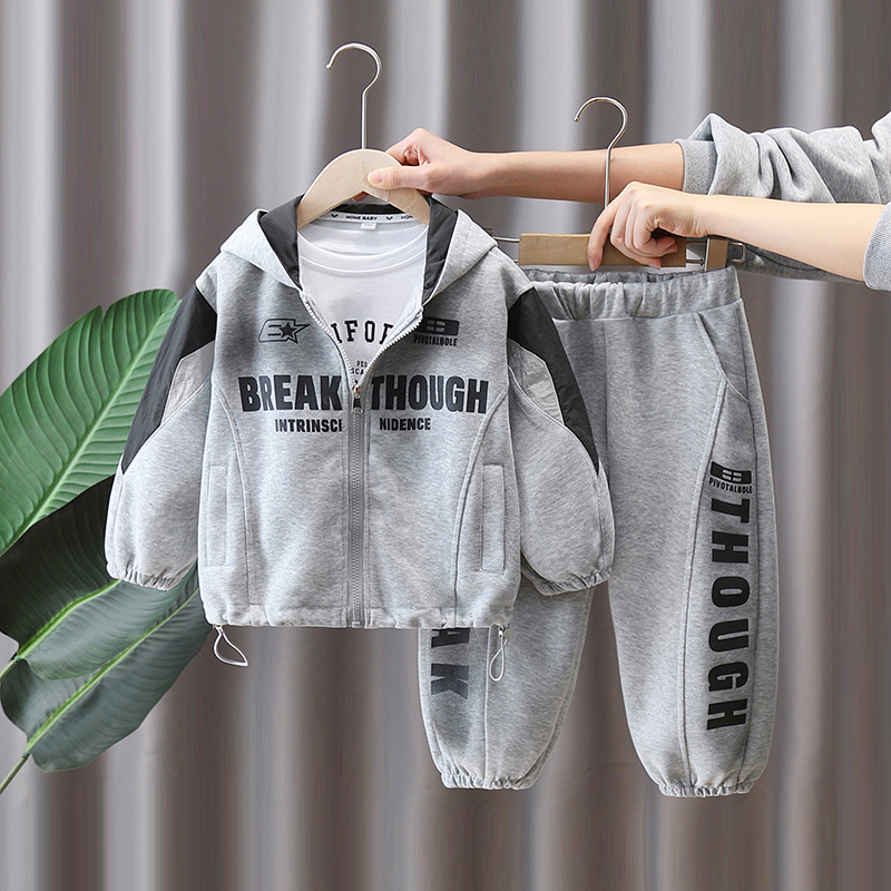 7085 traje negro para niños primavera y otoño ropa deportiva casual chaqueta con capucha estampada de primavera para niños traje de dos piezas